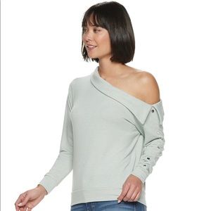 Jennifer Lopez gray asymmetrical sweatshirt